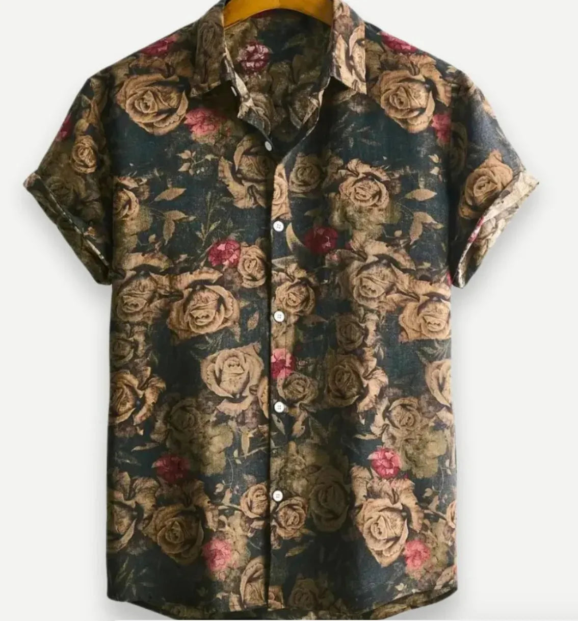 Hawaiian printing lapel short sleeve shirt with floral pattern, elastic fabric, available in multiple colours and sizes for travel wear