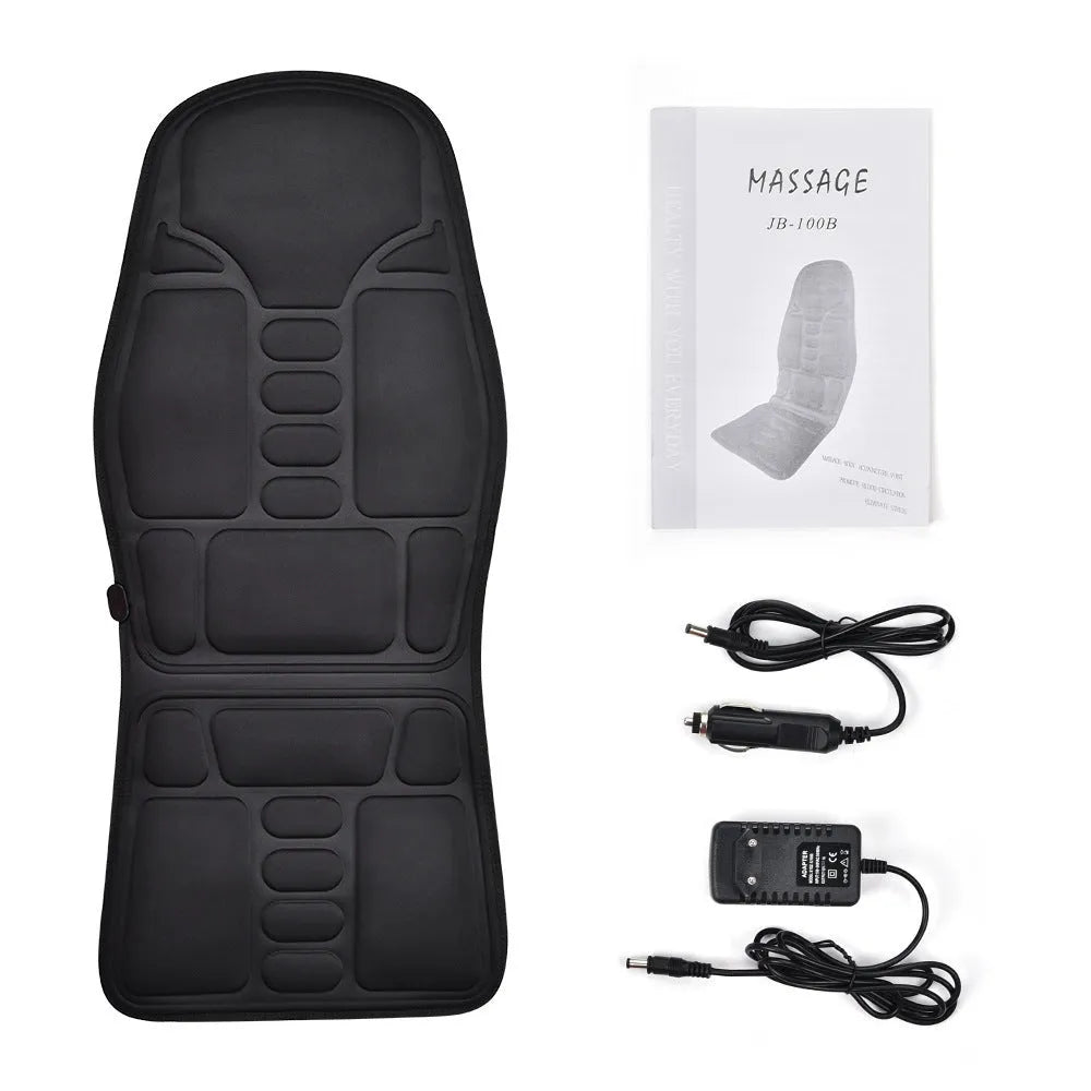 Black electric cervical kneading massager with remote control and international plug adapters.