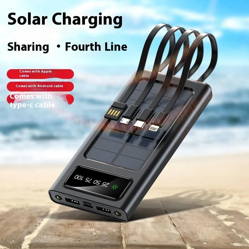 Black solar power bank with integrated charging cables showing 20000mAh capacity label