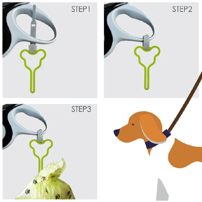 Pet poop bag holder with hands-free clip and adjustable Velcro strap, holding multiple bags for dog walking