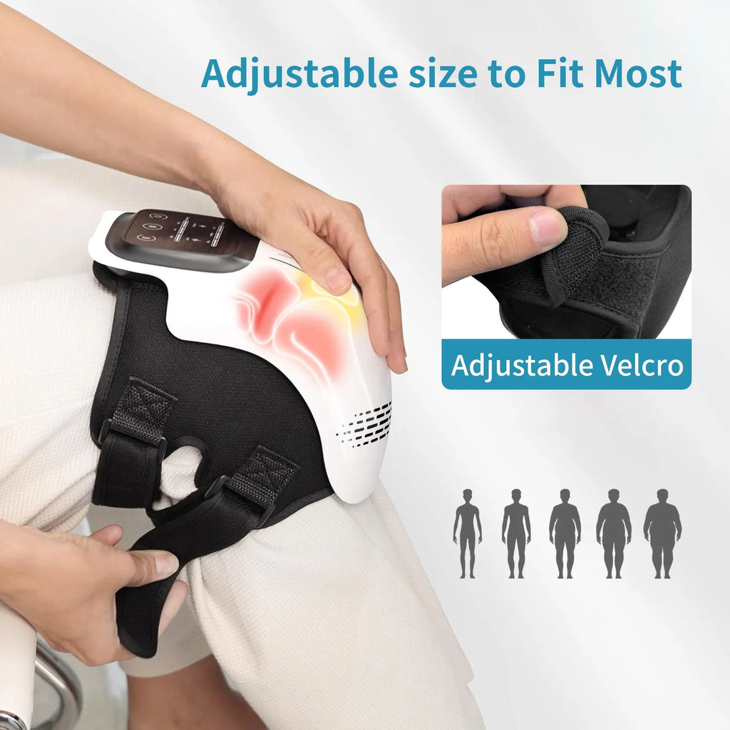 White intelligent electric knee massager with adjustable straps, showing control panel for heat and vibration settings.