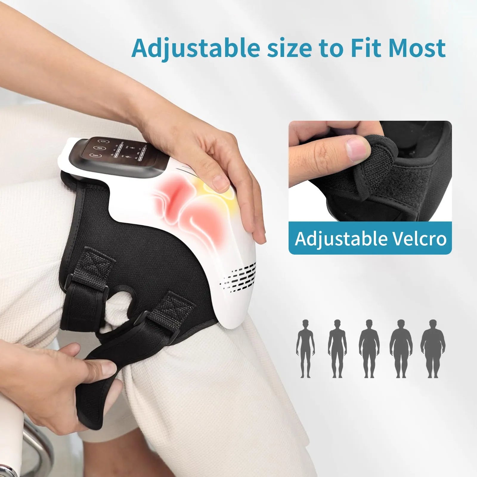White intelligent electric knee massager with adjustable straps, showing control panel for heat and vibration settings.