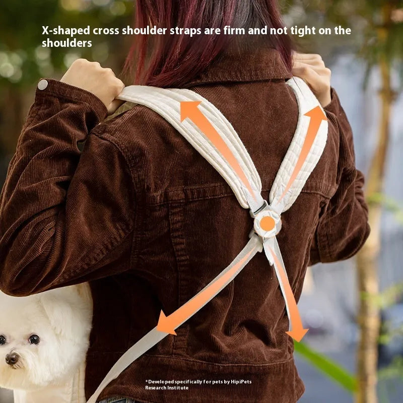 Grey quilted cross-chest pet diaper backpack for small dogs and cats, shown with dimensions.