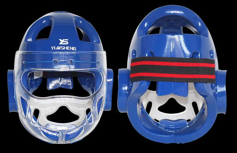 A white, blue, and red karate helmet for boxing head protection, shown in sizes S, M, L, and XL.