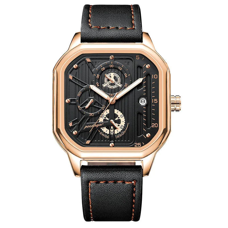 Men's sports quartz watch with 8mm thickness, belt-style strap in black shell and gold nail colour option