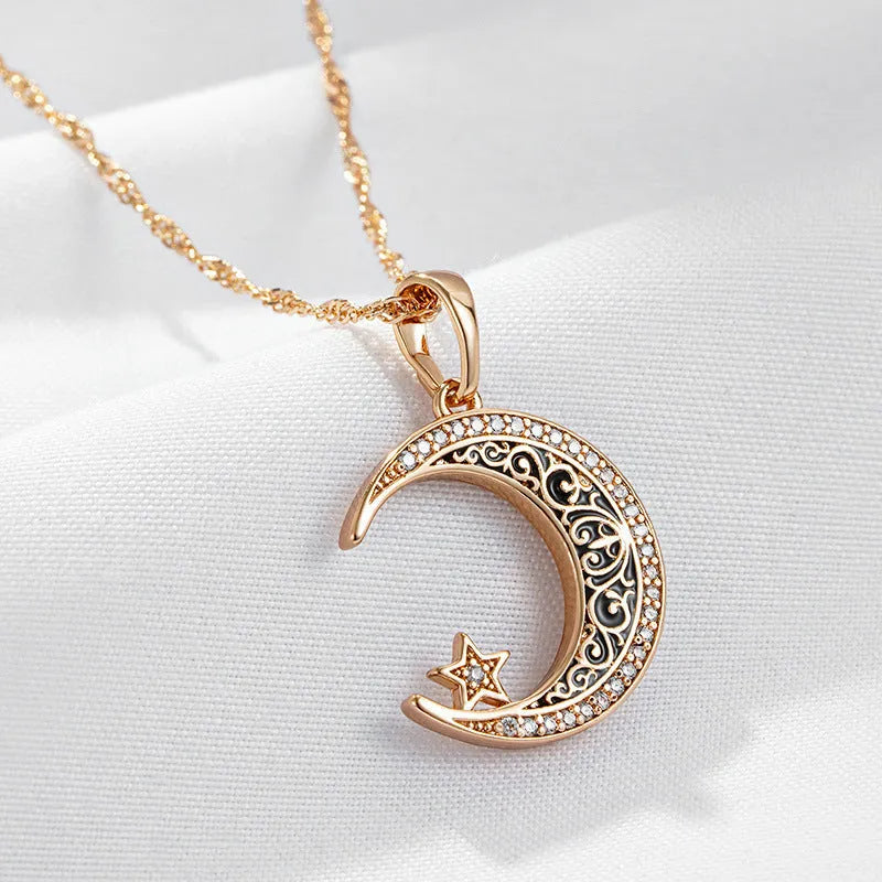 Rose gold star and moon necklace with enamel zircon pendant on a water wave chain