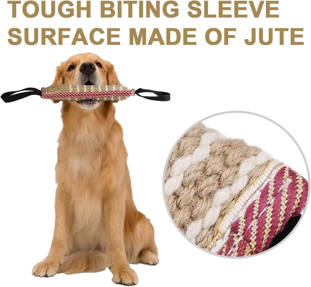 Beige dog tug toy with jute biting sleeve and two handles, measuring 30cm in length