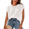 White loose pullover sweater with crochet cover sleeves and round neck, sizes XS to XXXL