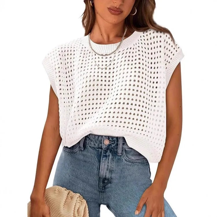 White loose pullover sweater with crochet cover sleeves and round neck, sizes XS to XXXL