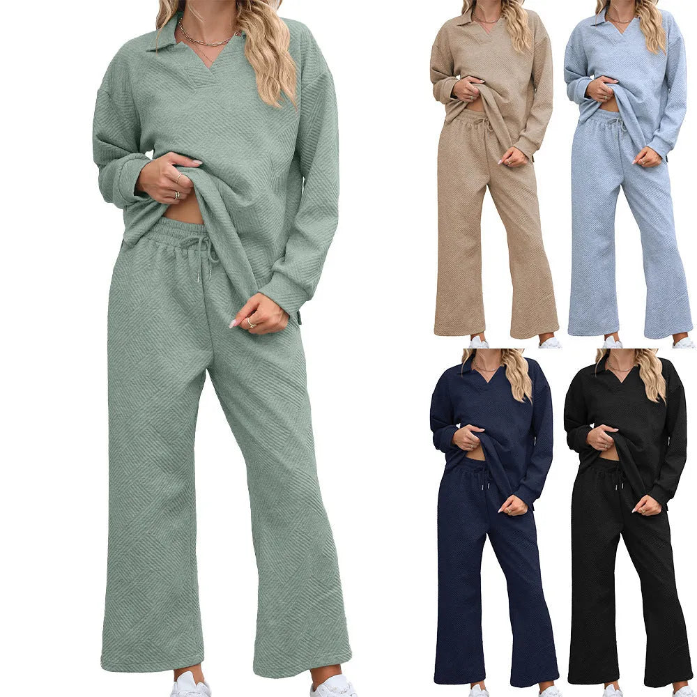 Women's solid colour knitted jacquard suit with lapel sweater and elastic waist cropped pants in black, navy, grey, khaki, or green.