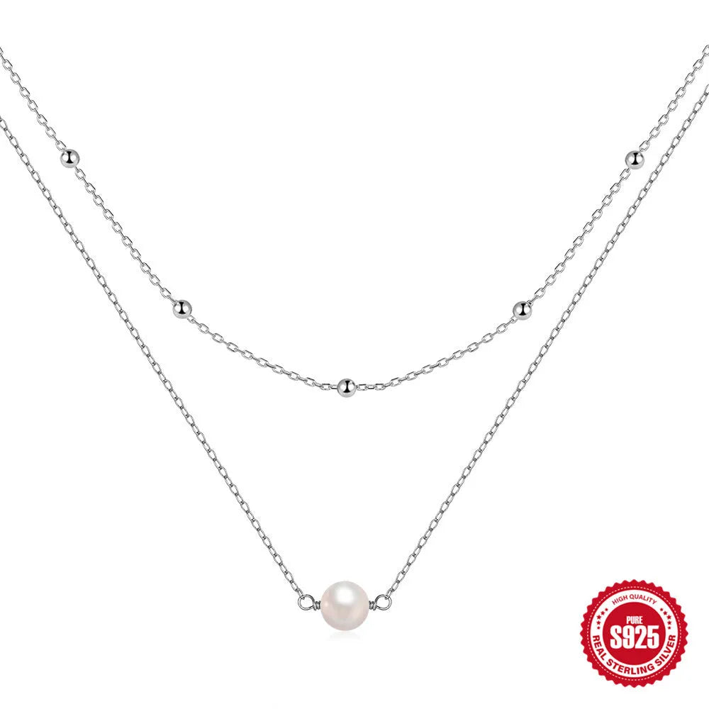 S925 sterling silver double layer necklace with twin pearls on a ball bead chain in gold or white gold colour
