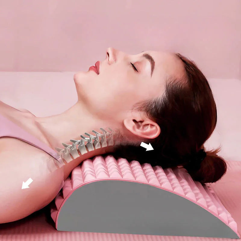 Blue EVA foam back stretcher pillow for lumbar and neck support on a plain background.
