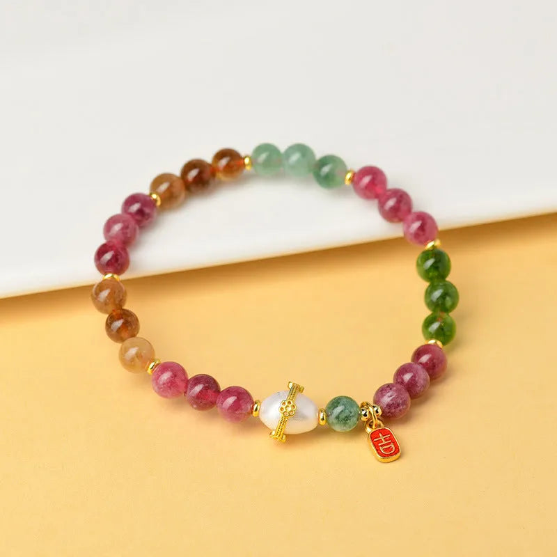 Geometric tourmaline and chalcedony crystal bracelet with 6.5mm beads