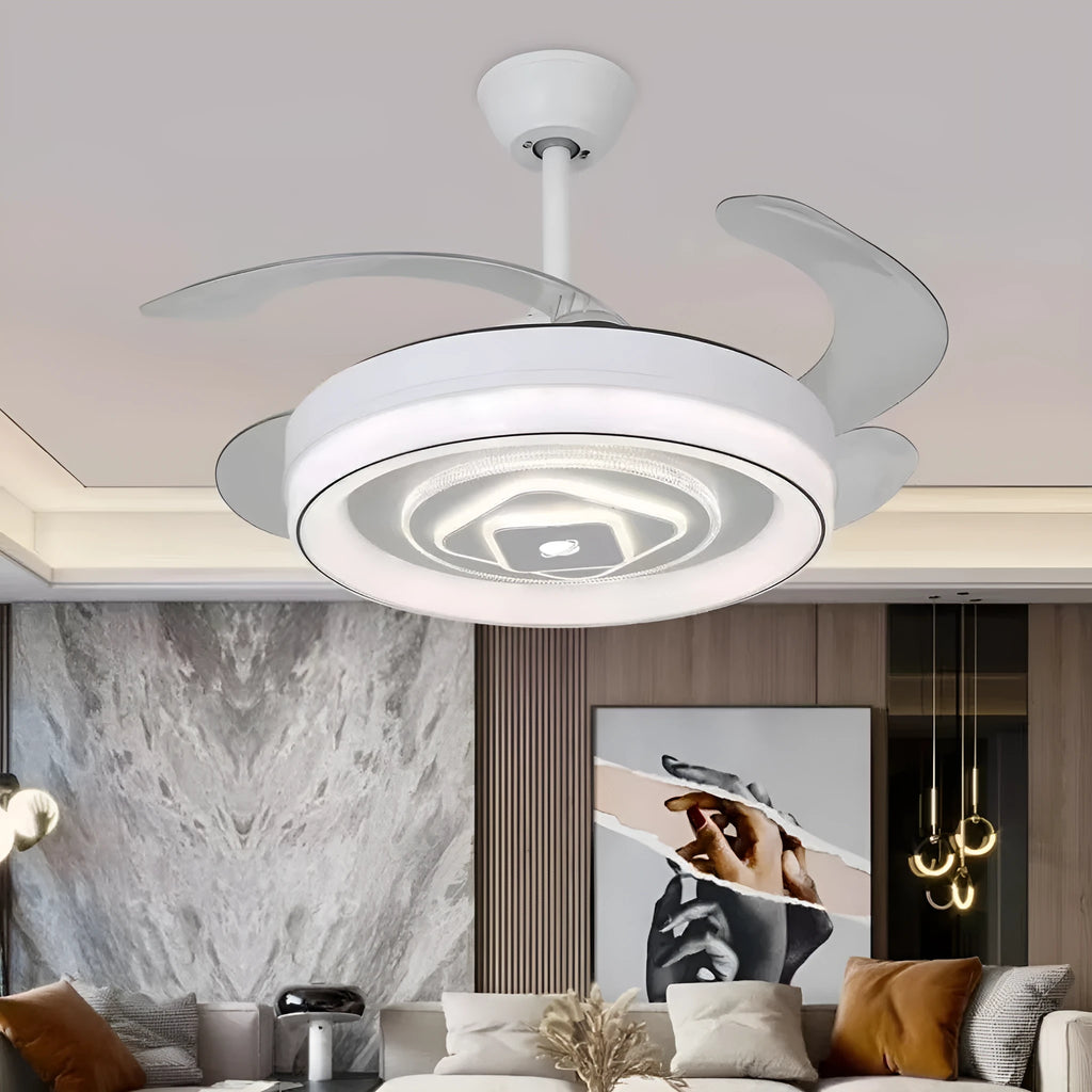 Nordic-style ceiling fan light with integrated light fixture and ABS plastic blades, shown in a modern room setting.