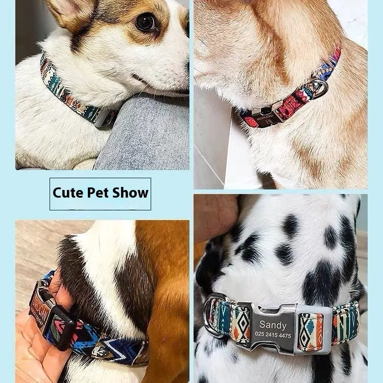 Adjustable canvas dog collar with semi-metal buckle in striped Bohemian pattern