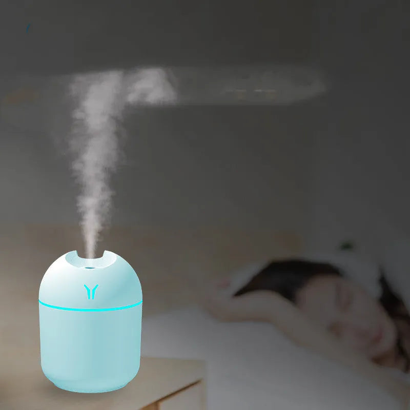 Round desktop USB humidifier in ivory white, sky blue, or girlish pink with 250ml water tank.