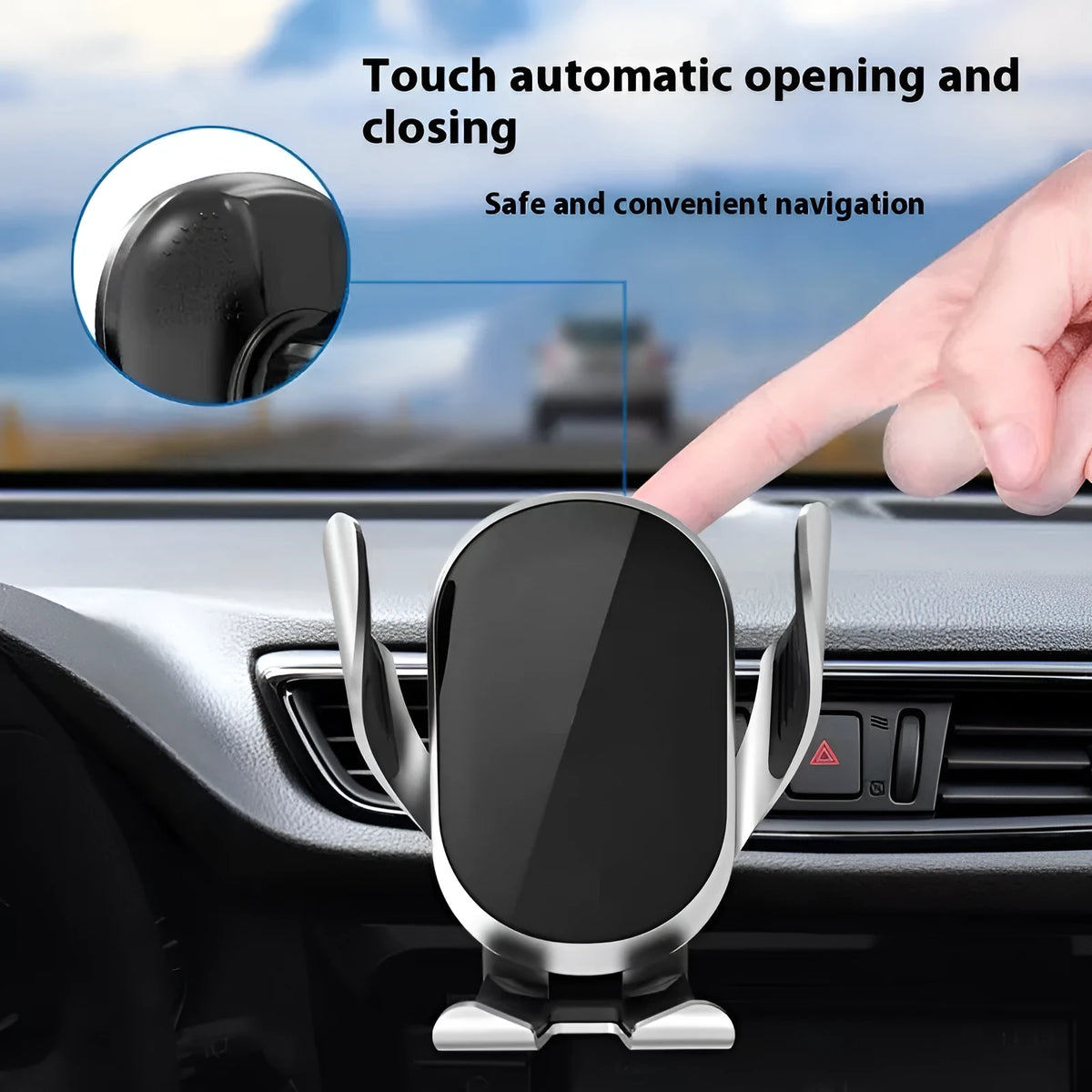 Silver portable plastic car phone holder with electric clamping mechanism, universal fit, compact design.