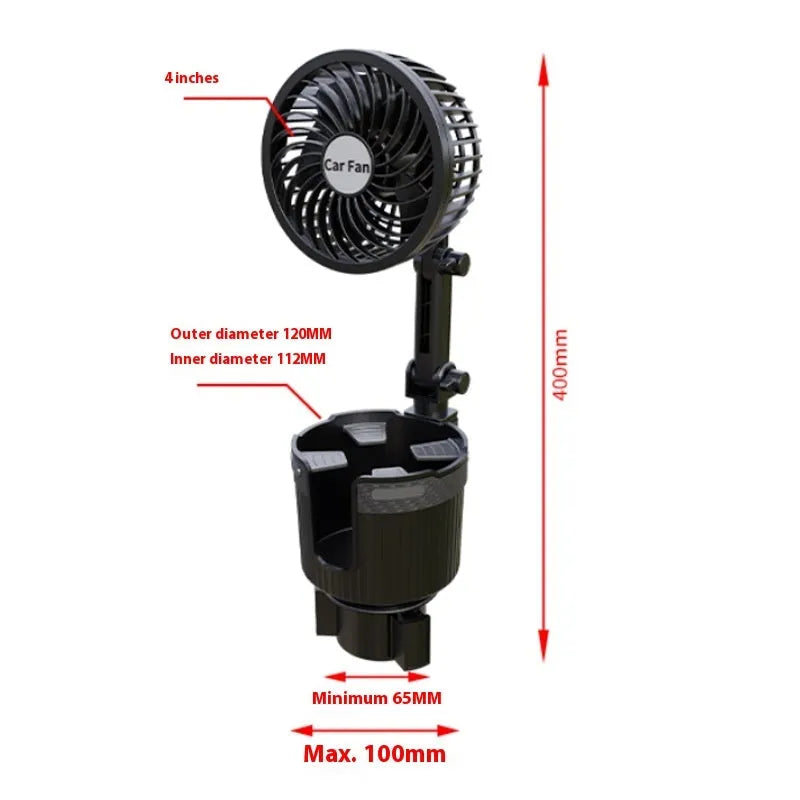 Car water cup holder fan installed in a vehicle's cup holder, showing 12V plug and fan blades.