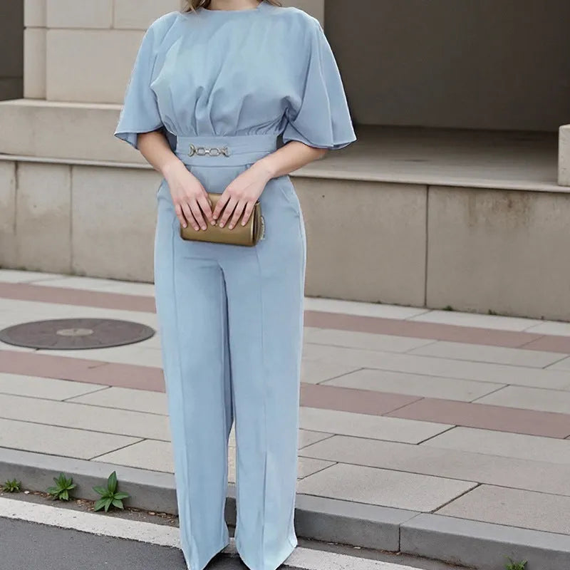 Blue casual suit with long sleeves and trousers, made from polyester fabric, available in sizes S to 3XL.
