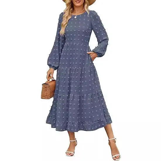 Autumn long sleeve dress with ruffled sleeves and high waist in beige colour, casual round neck design
