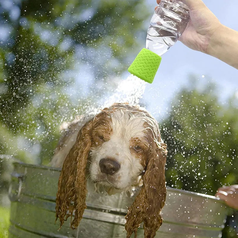 Silicone pet shower head in orange, blue, or green with rain function for dog and cat bathing