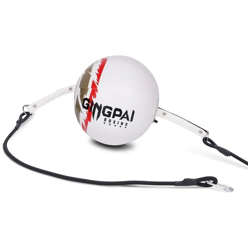 Black boxing speed ball hanging from adjustable cord with 150-200cm height range for reaction training