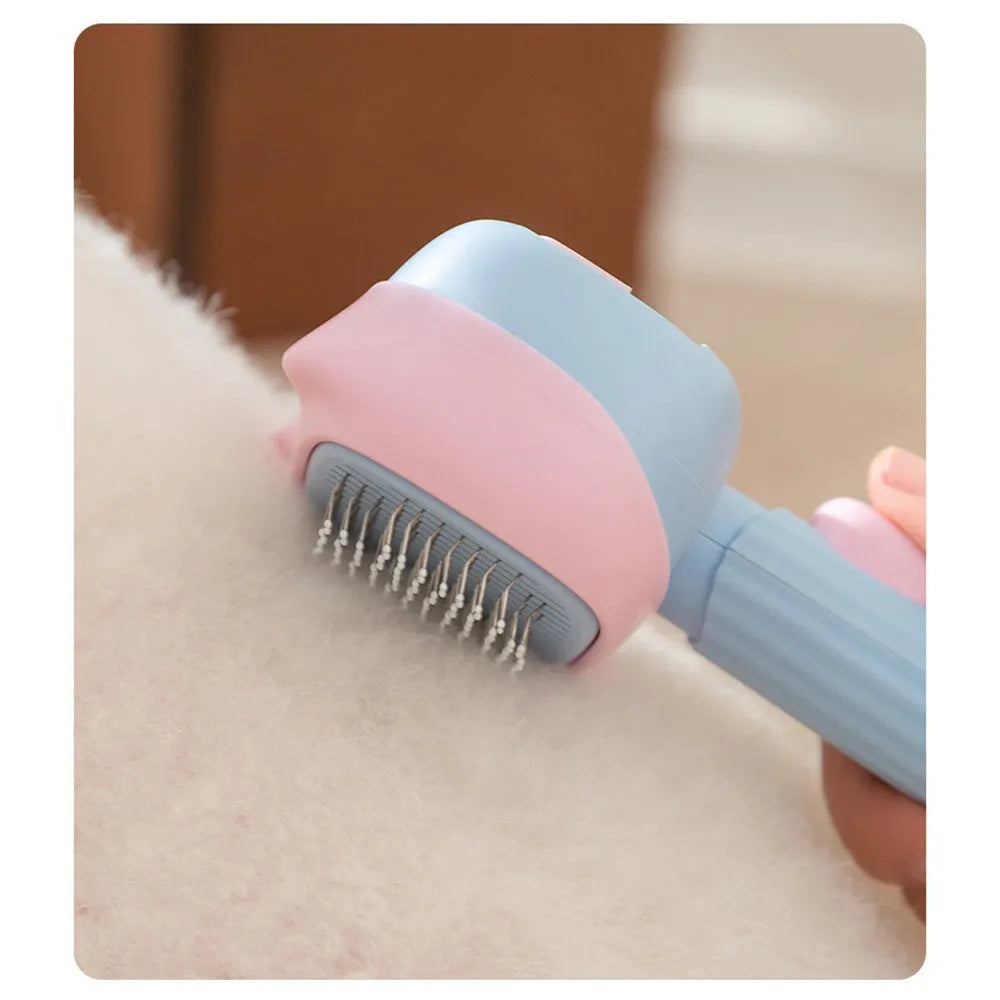 Blue pet grooming brush with double-sided de-shedding rake and de-matting comb, measuring 195mm long