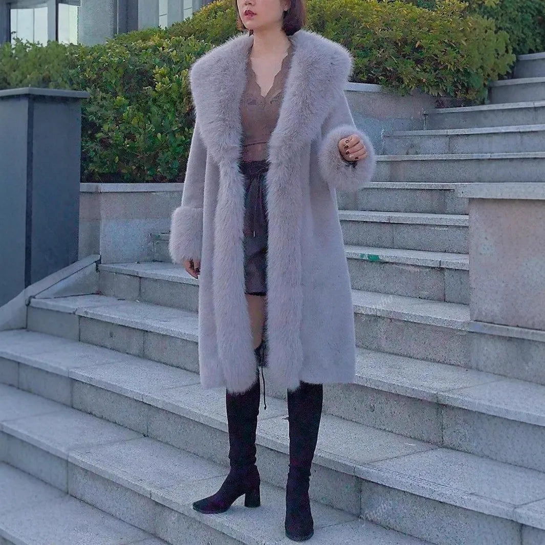 Women's mid-length faux rabbit fur coat in grey with artificial fur collar, showing 80cm length and regular sleeves.