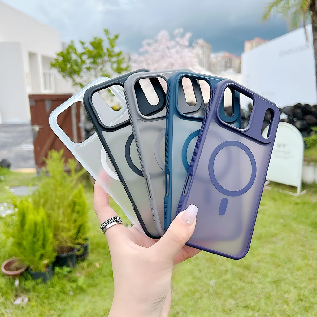 A frosted matte magnetic protective case for Apple iPhone, shown in black, white, grey, purple, and blue colour options.