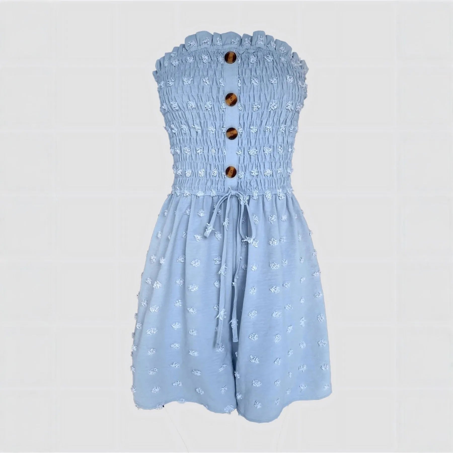 Women's blue off-shoulder sleeveless jumpsuit with button detail and mid-waist design on mannequin