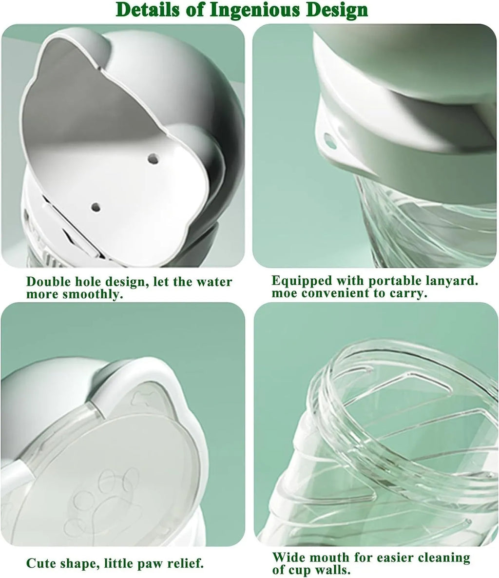 Green 3-in-1 portable pet water bottle showing water dispenser, food container, and waste bag compartment