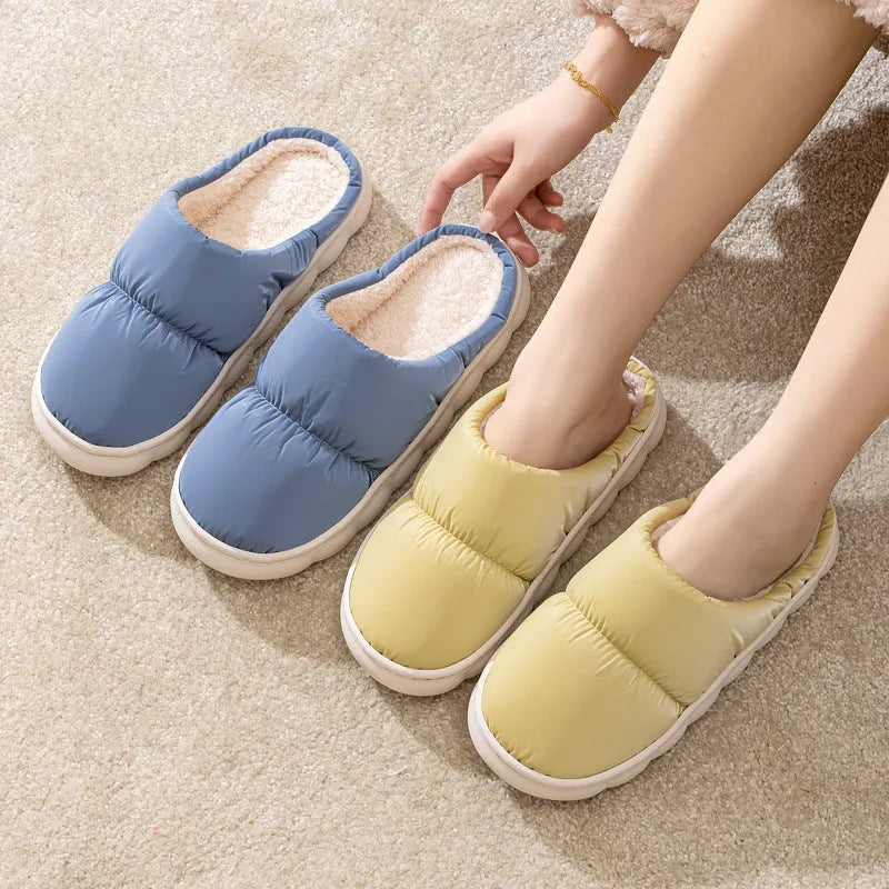 Down cotton slippers with artificial leather upper, rubber anti-slip soles, and plush lining in blue, green, grey, pink, or yellow