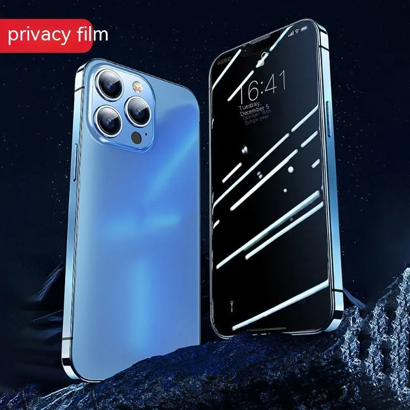 Tempered glass privacy screen protector for iPhone with choice of HD, frosted, or anti-peep finish.