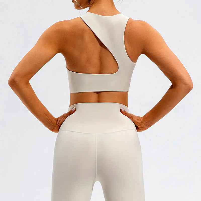 High waist Lycra yoga set for women, tight top and pants in off-white, black or dark brown, sizes S-XL