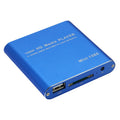 Compact black and blue Full HD 1080p media player with remote control on a wooden surface.