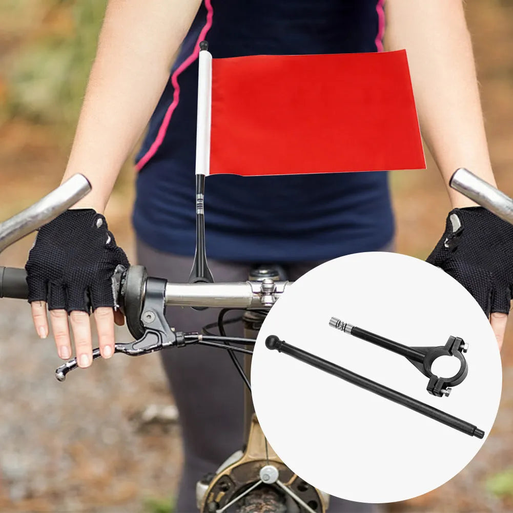Square polyester cycling flag on plastic pole with adjustable handlebar clamp for bicycles