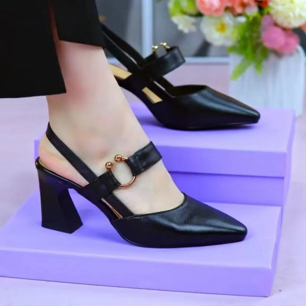 Women's closed toe leather sandals with chunky heel in apricot colour, showing pigskin upper and rubber sole
