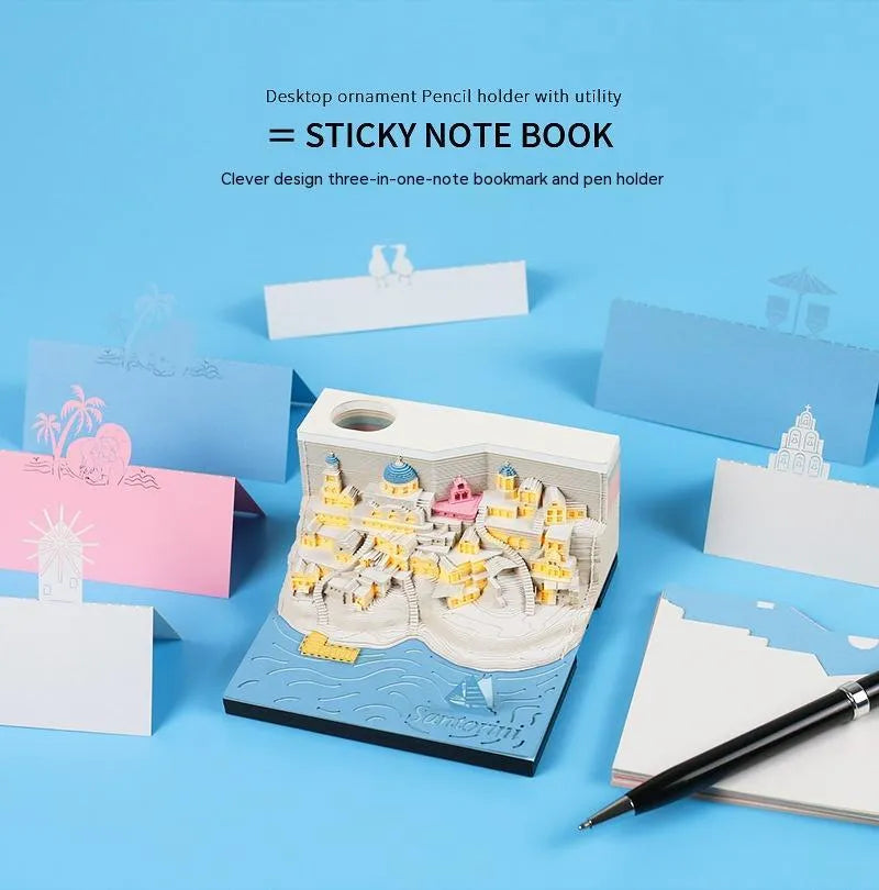 Santorini 3D paper carving building model notepad with LED lighting decoration showing beach scene construction