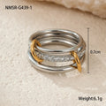 Stacked stainless steel rings with 18K gold plating in three colour variations, showing adjustable free size design