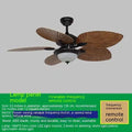 Retro-style ceiling fan light with wooden blades and three copper lampshades, mounted on a white ceiling.