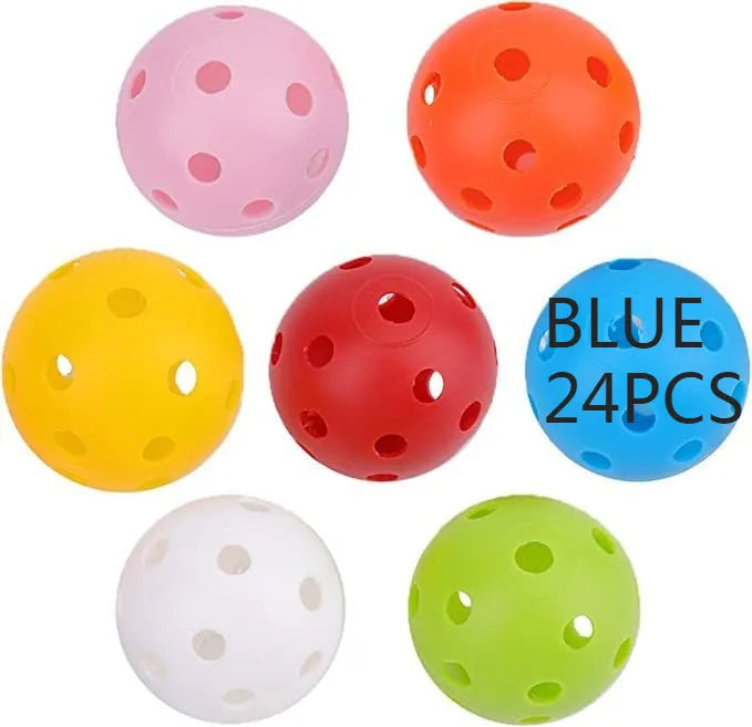 Six-colour golf practice balls in net pocket, each measuring 42mm diameter