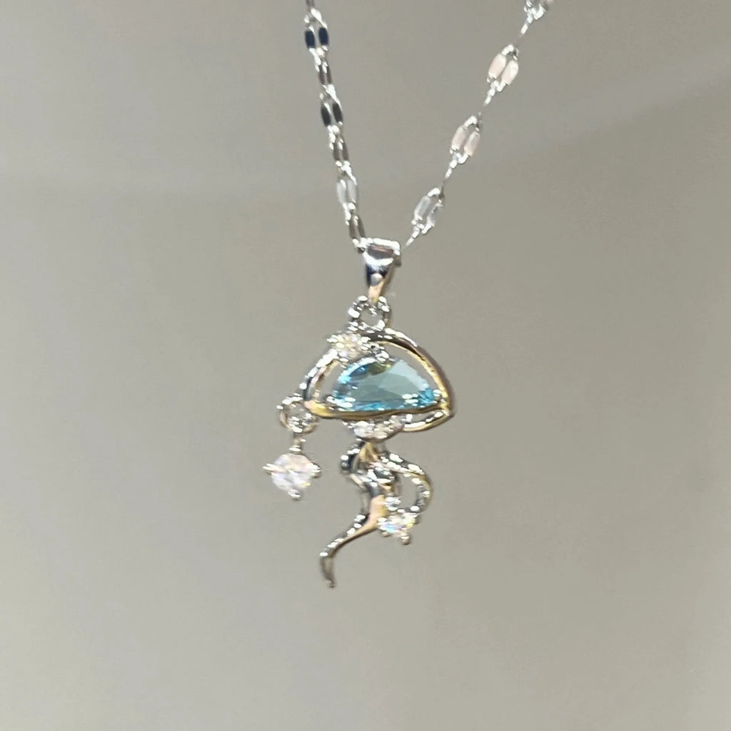 Women's blue jellyfish pendant necklace on adjustable 925 sterling silver chain