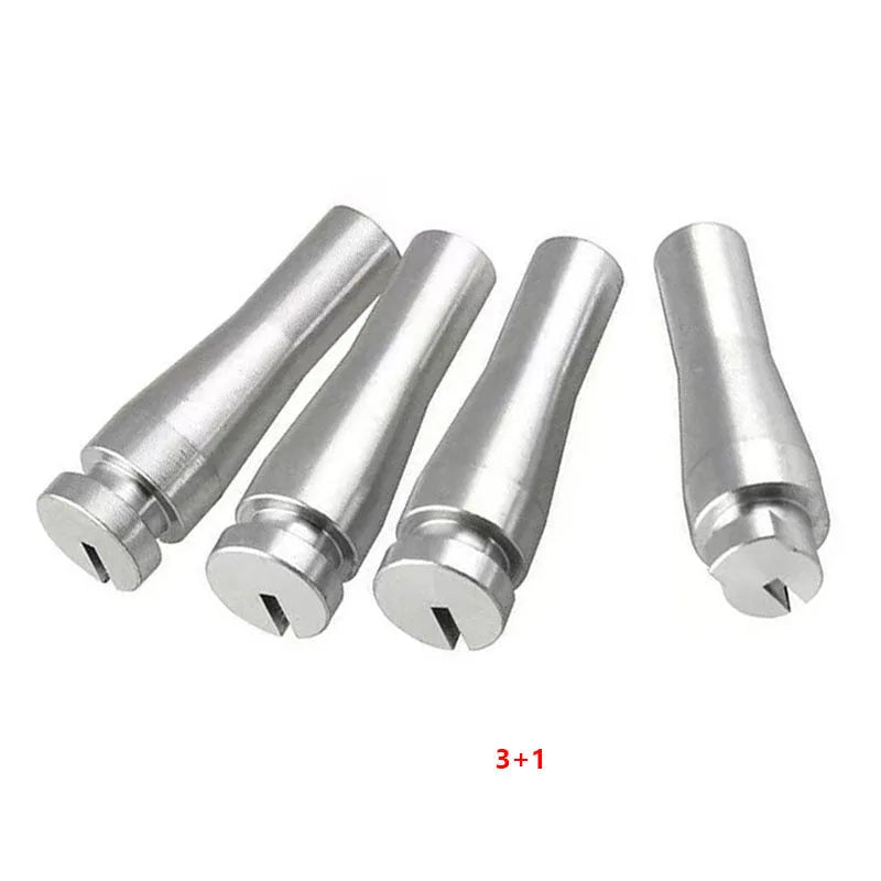 Four silver aluminium auto parts for Ford F-Series cab latch cable repair.