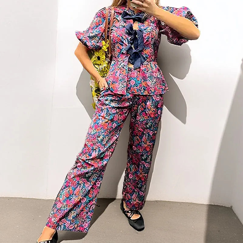 Leisure floral print tie-neck long sleeve trousers suit with puff sleeves, two-piece set in picture colour