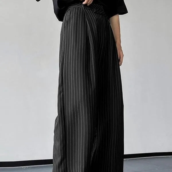 Men's black vertical striped pleated casual trousers showing high elasticity fabric and rabbit hair bamboo fibre blend