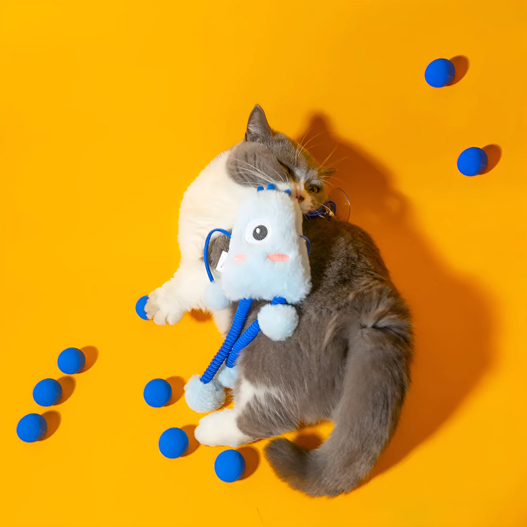 Blue telescopic cat toy with plush ring and bell measuring 30 by 30 centimetres