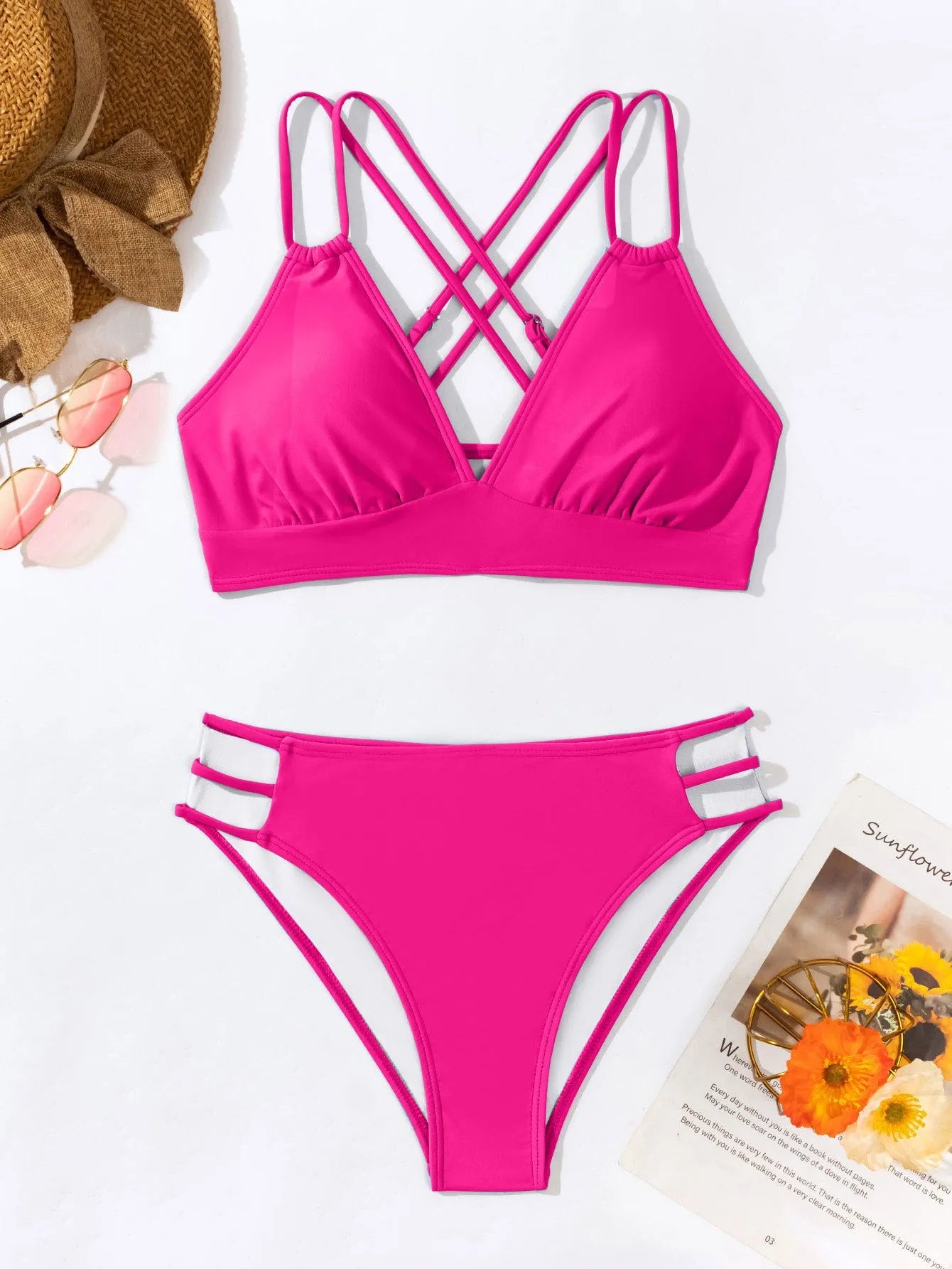 Women's black V-neck halter bikini set on a mannequin, showing adjustable straps and separate bra and shorts design.