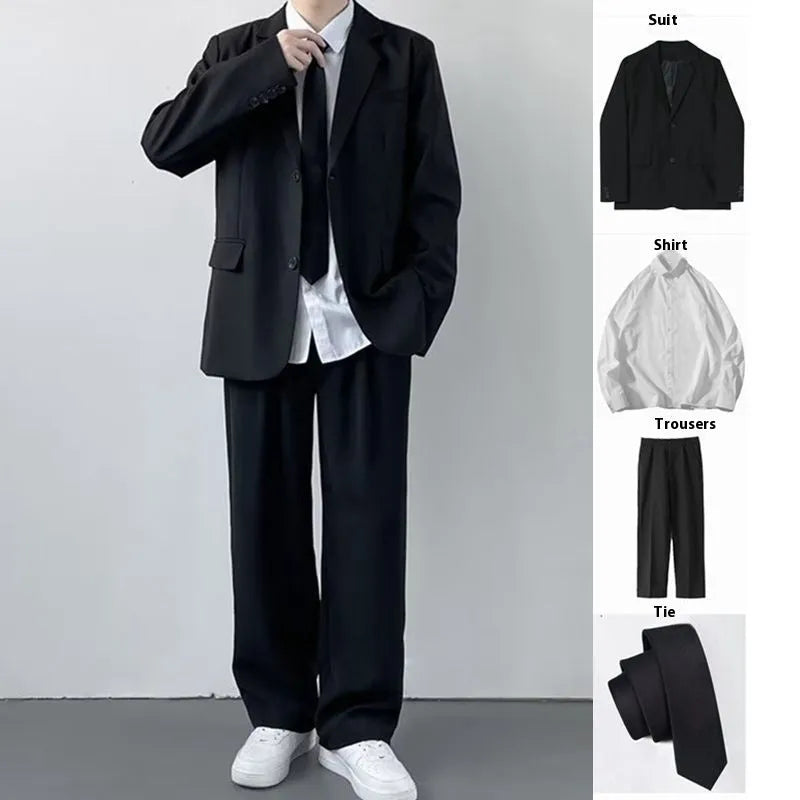 Men's plus size suit jacket with trousers, white shirt, and tie in loose college style cut