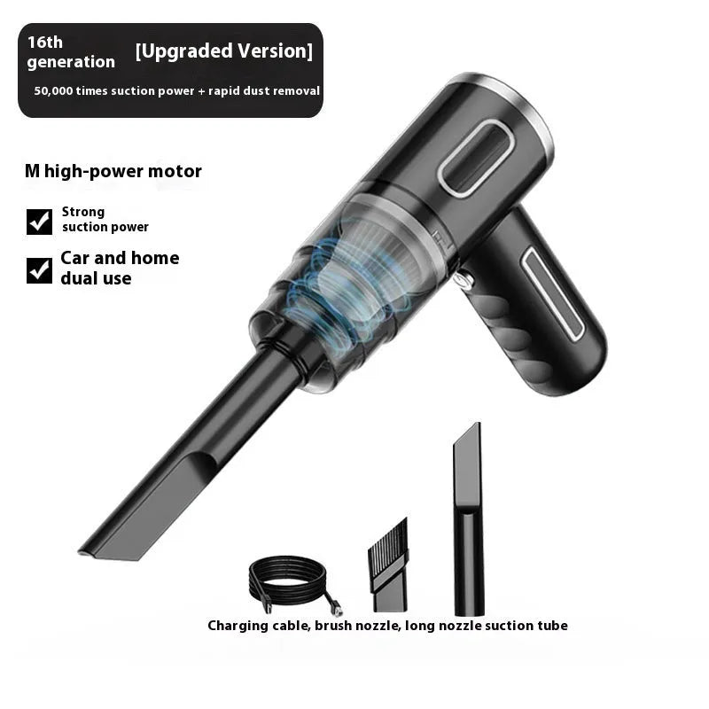 Black and green portable USB dust collector for car and home cleaning.