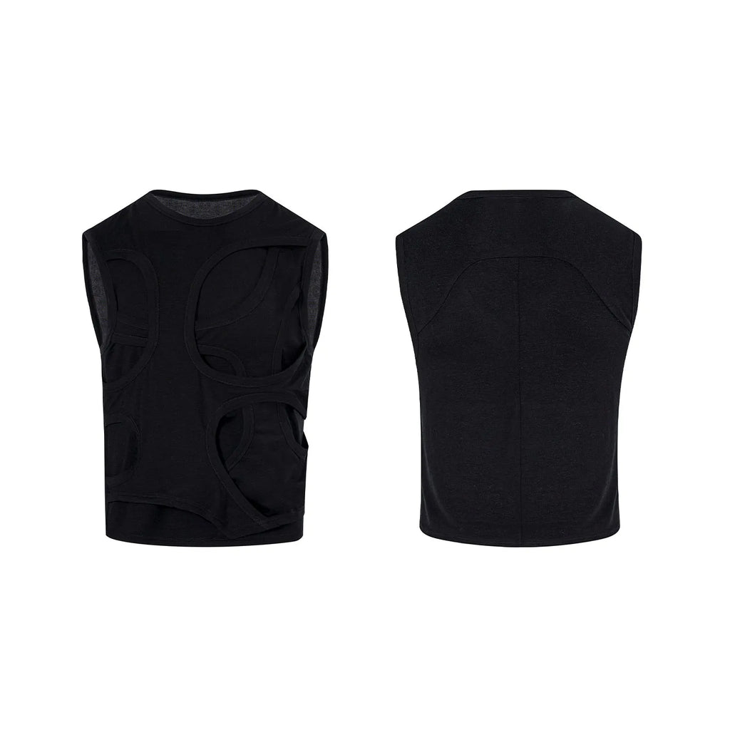 Men's solid black Lyocell summer vest with round neck tank top style on a hanger.